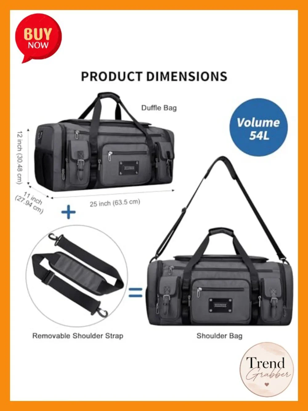 Men's 54L Large Travel Duffel Bag Water-Resistant Nylon with Shoe Compartment,